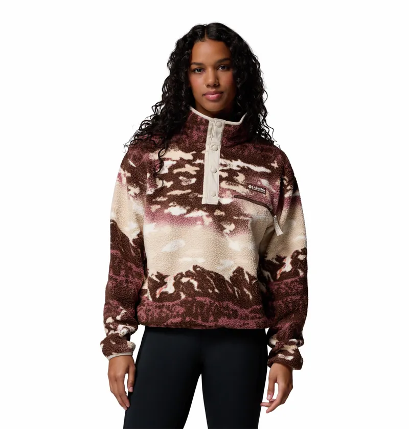 Columbia Women's Helvetia II Cropped Sherpa Half Snap Printed Fleece - Tobacco Sisters/Dark Stone