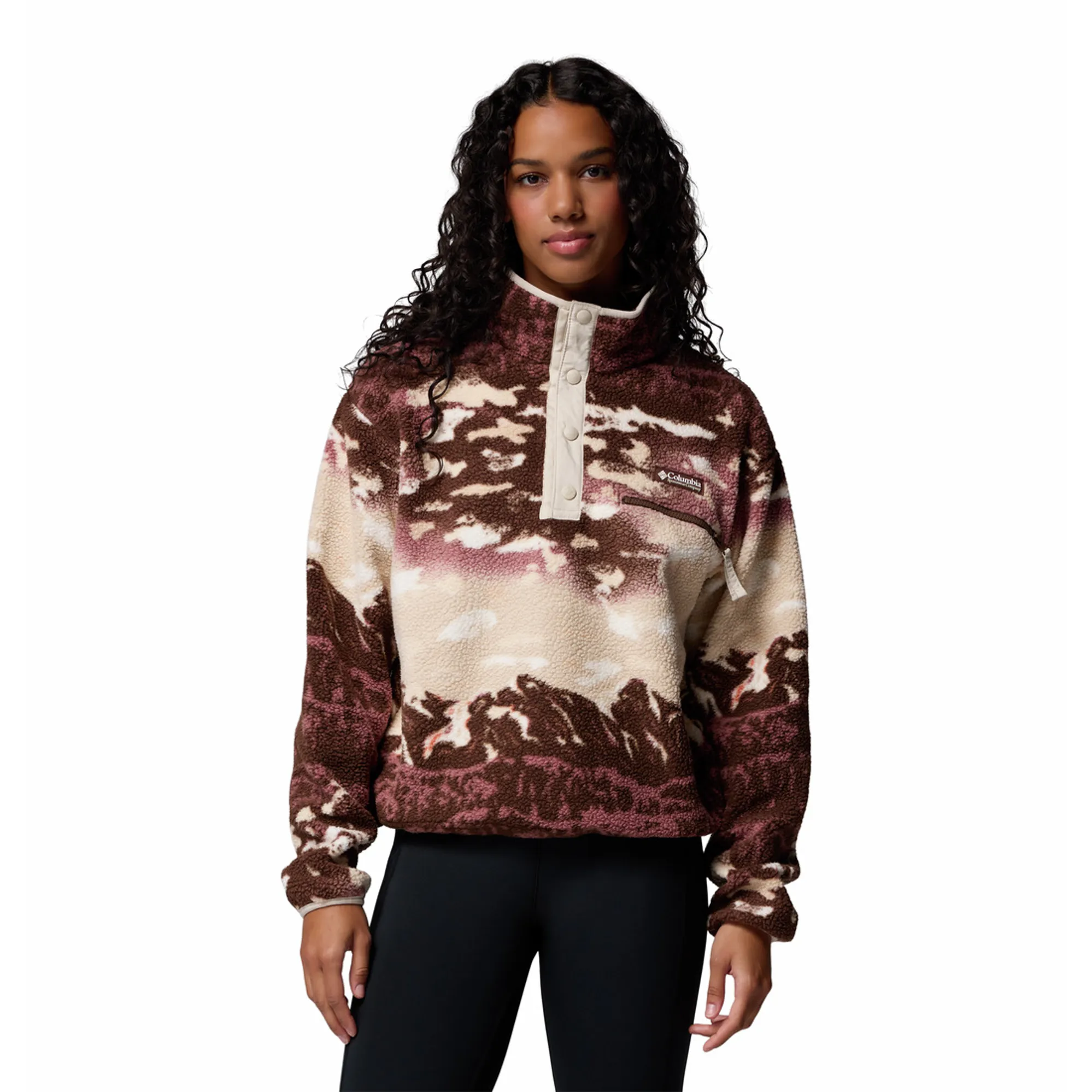 Columbia Women's Helvetia II Cropped Sherpa Half Snap Printed Fleece - Tobacco Sisters/Dark Stone
