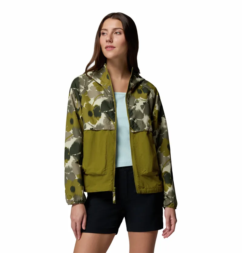 Columbia Women's Spire Valley Printed Hooded Windbreaker - Mossy Green Ikatbloom Print/Mossy Green-3