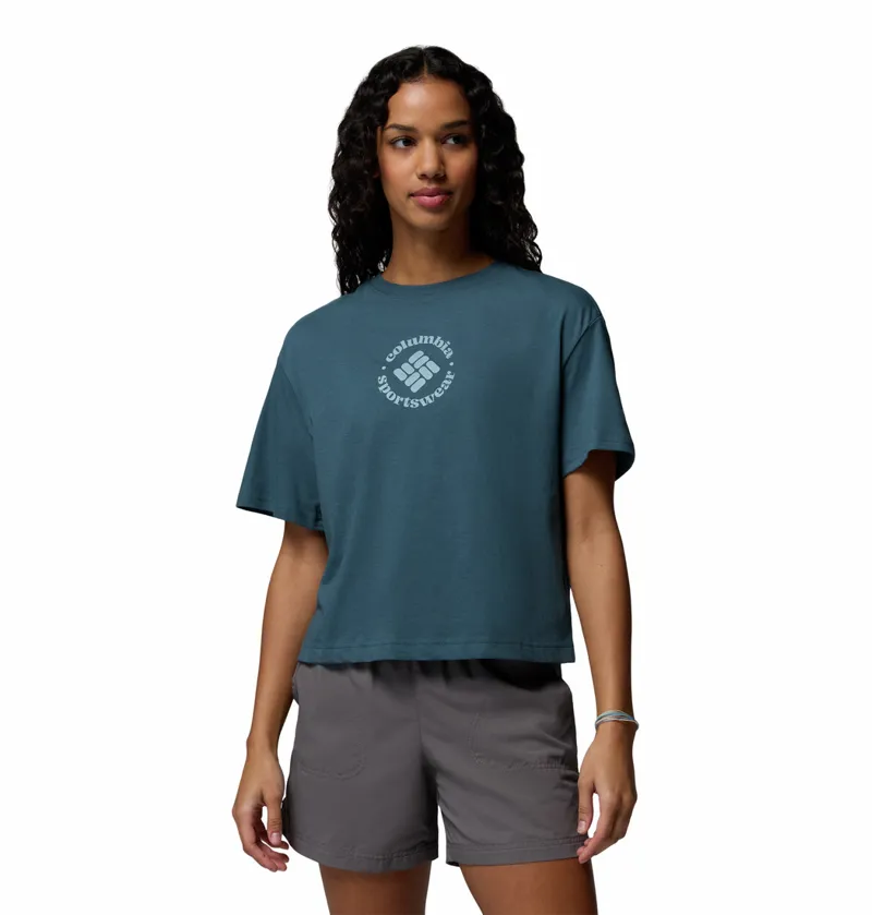Columbia Women's Rolling Bend Graphic Relaxed Crop T-Shirt - Everblue/Gem Focused