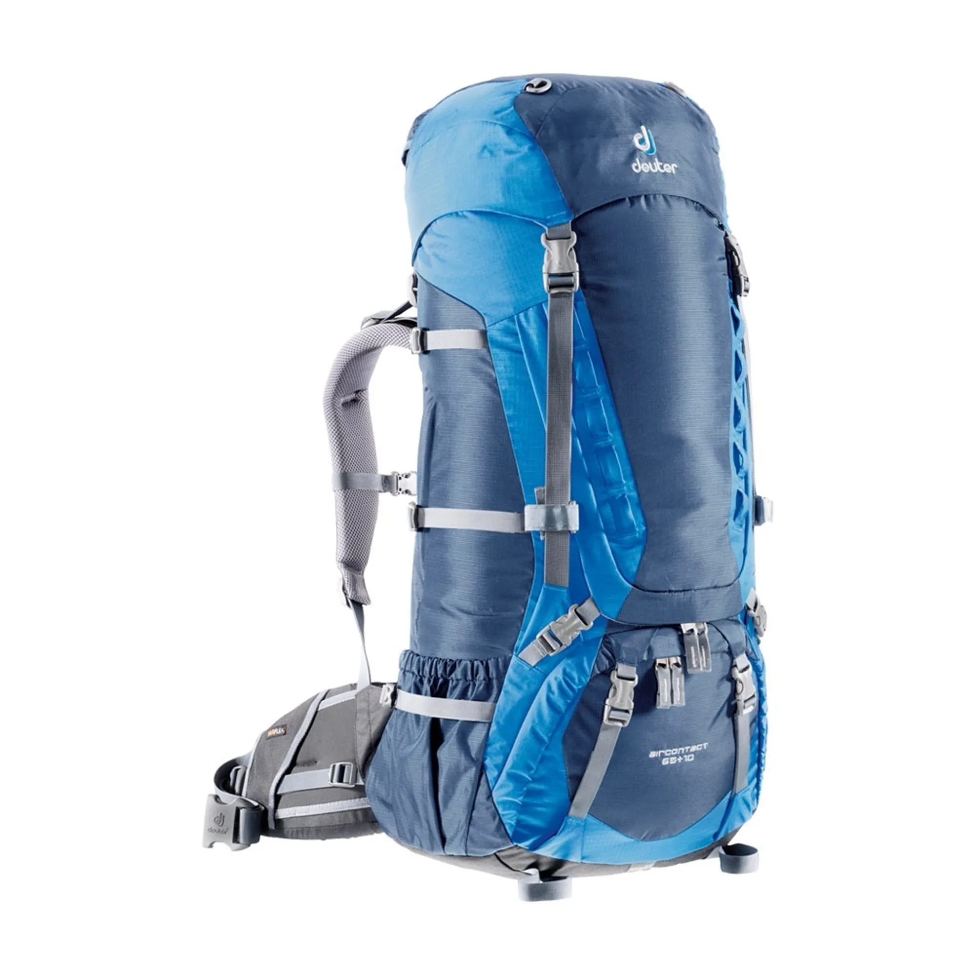 deuter aircontact 65 10 hiking backpack mid ocean Voyager 65+10, Atlantic Ink the removable 3 litre hip fin pockets offer more volume for personal items Deuter Aircontact 65+10L Backpack -